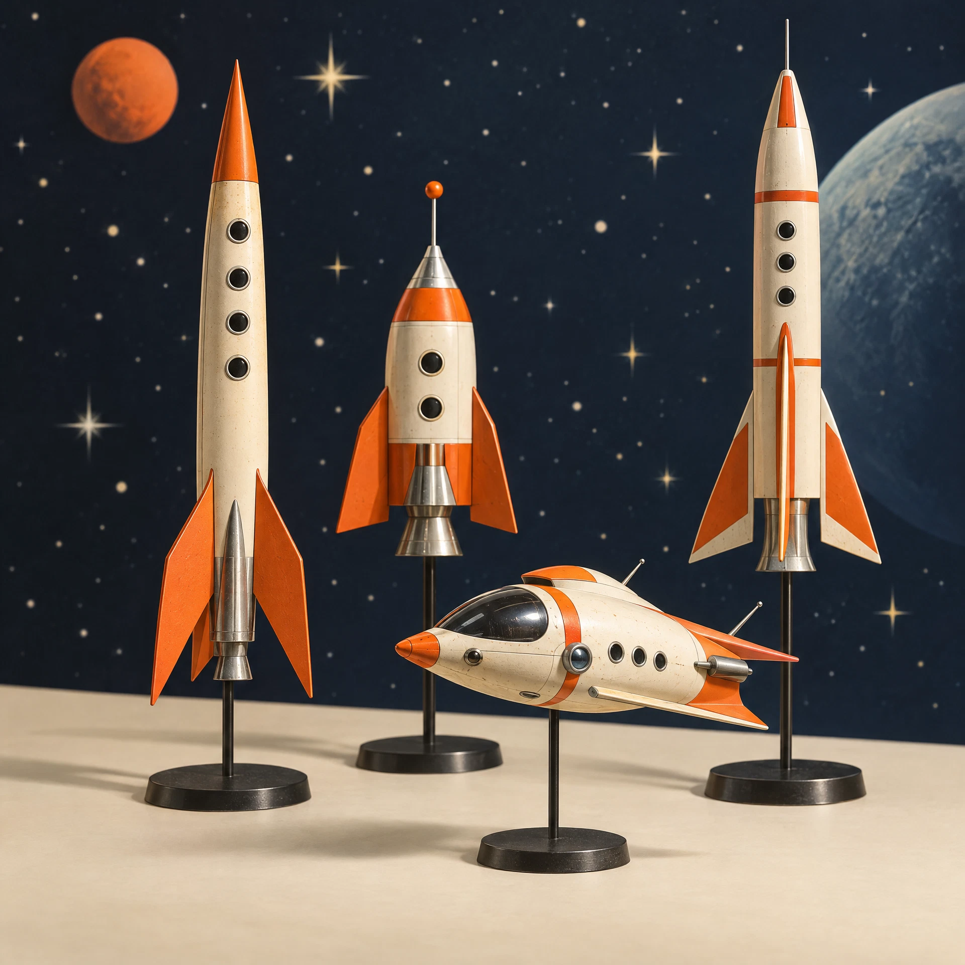 Model rockets and spacecraft arranged as a display