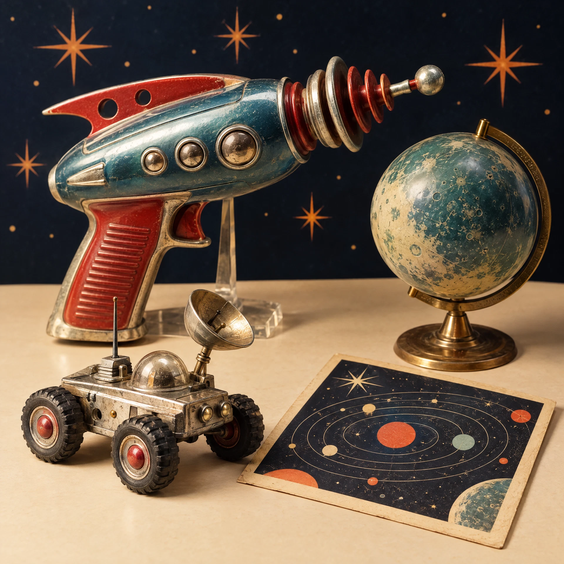 Retro science-fiction collectibles arranged with a miniature moon rover and planet globe