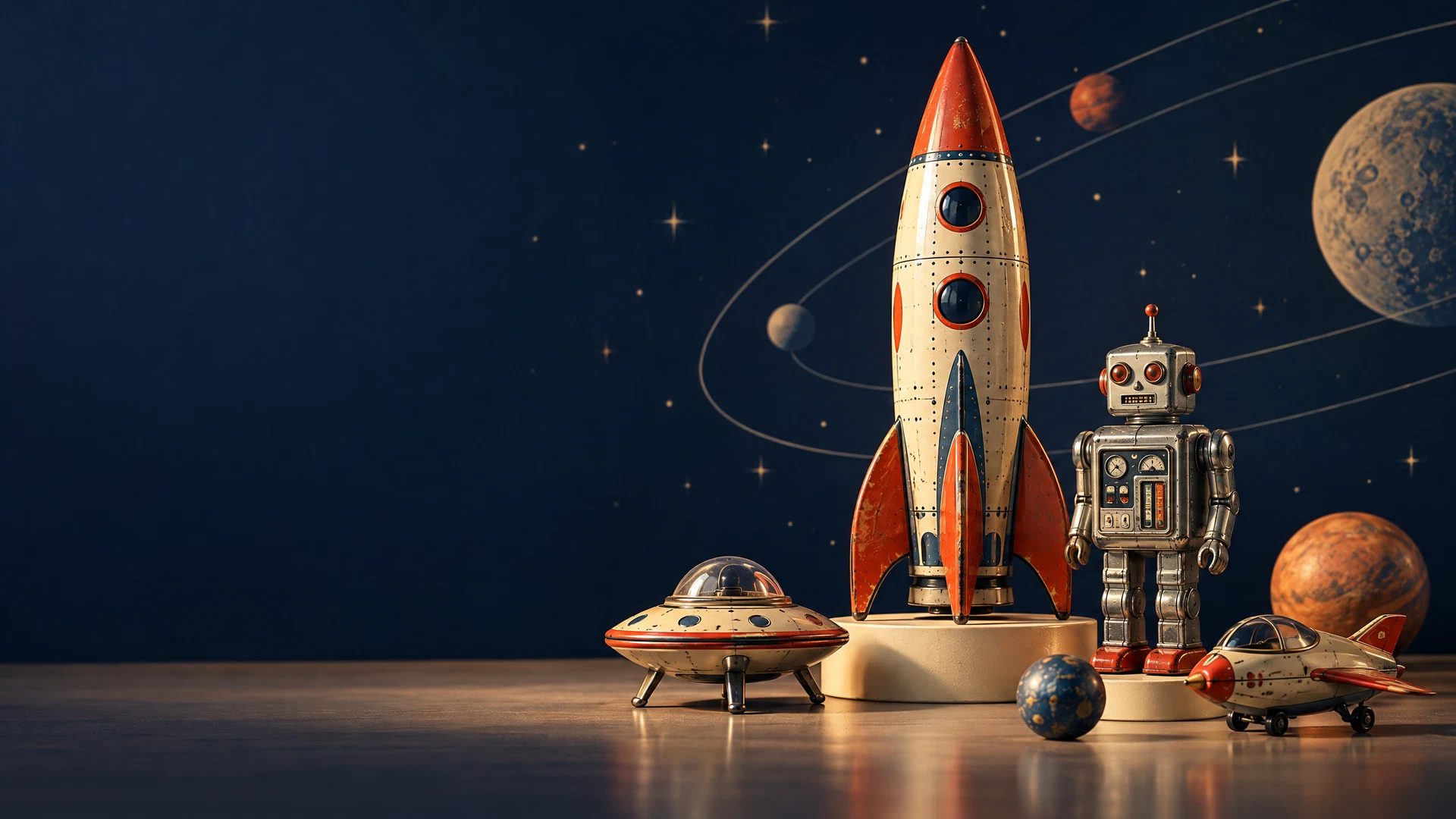 Vintage toy rocket and small tin robot displayed against a dark blue space-inspired backdrop