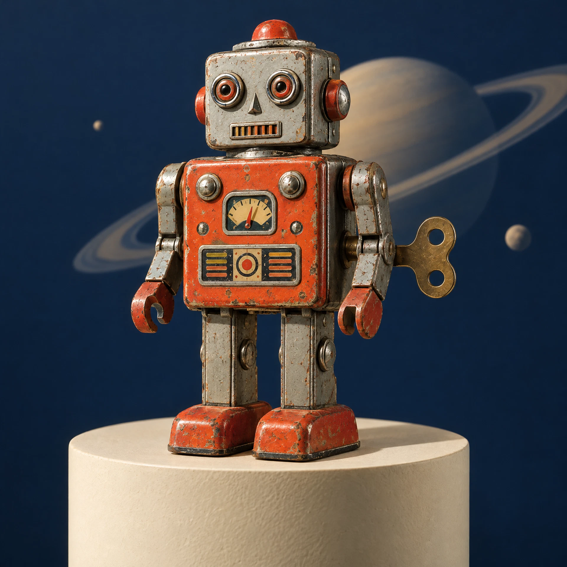 A boxy vintage tin robot on a cream display plinth