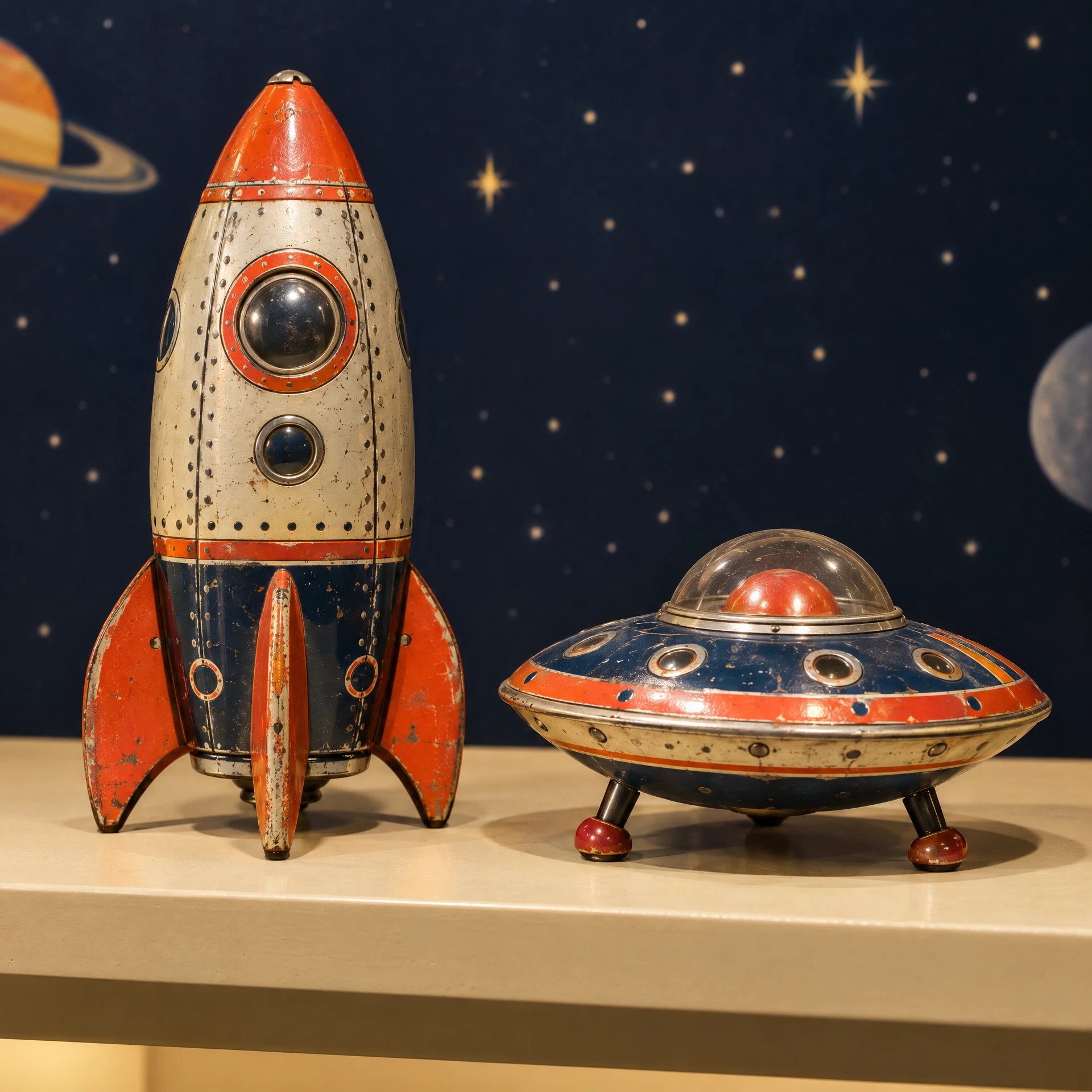 Vintage painted tin space toys on display